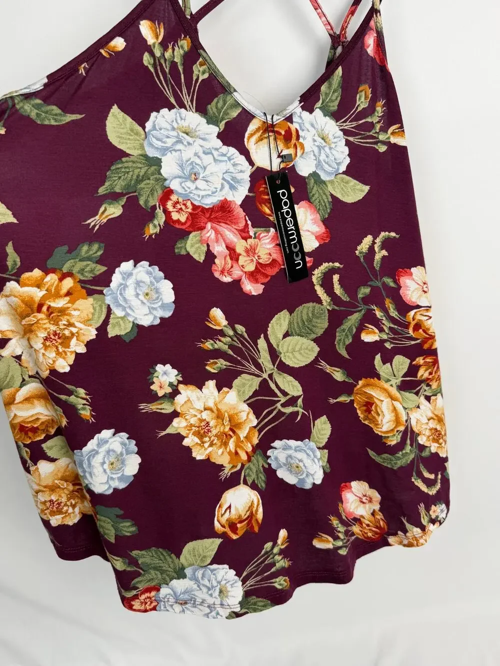Papermoon Floral Criss Cross Tank Top XL Burgundy Sleeveless Cami NWT Boho